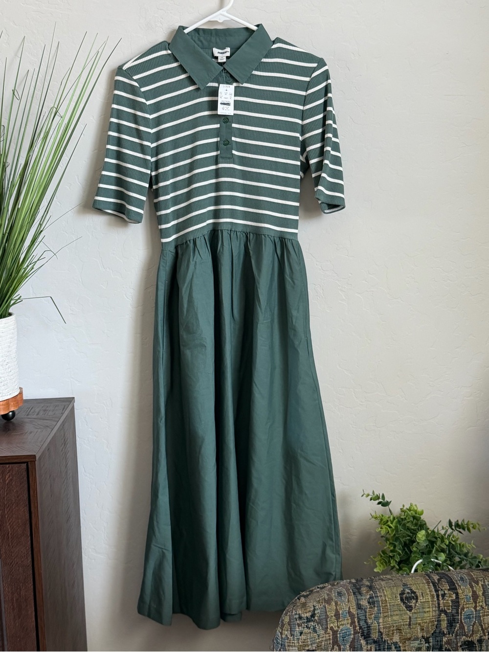 J.Crew Factory Mixed Media Polo Midi Dress Green Striped Rib Knit Pockets NWT LP